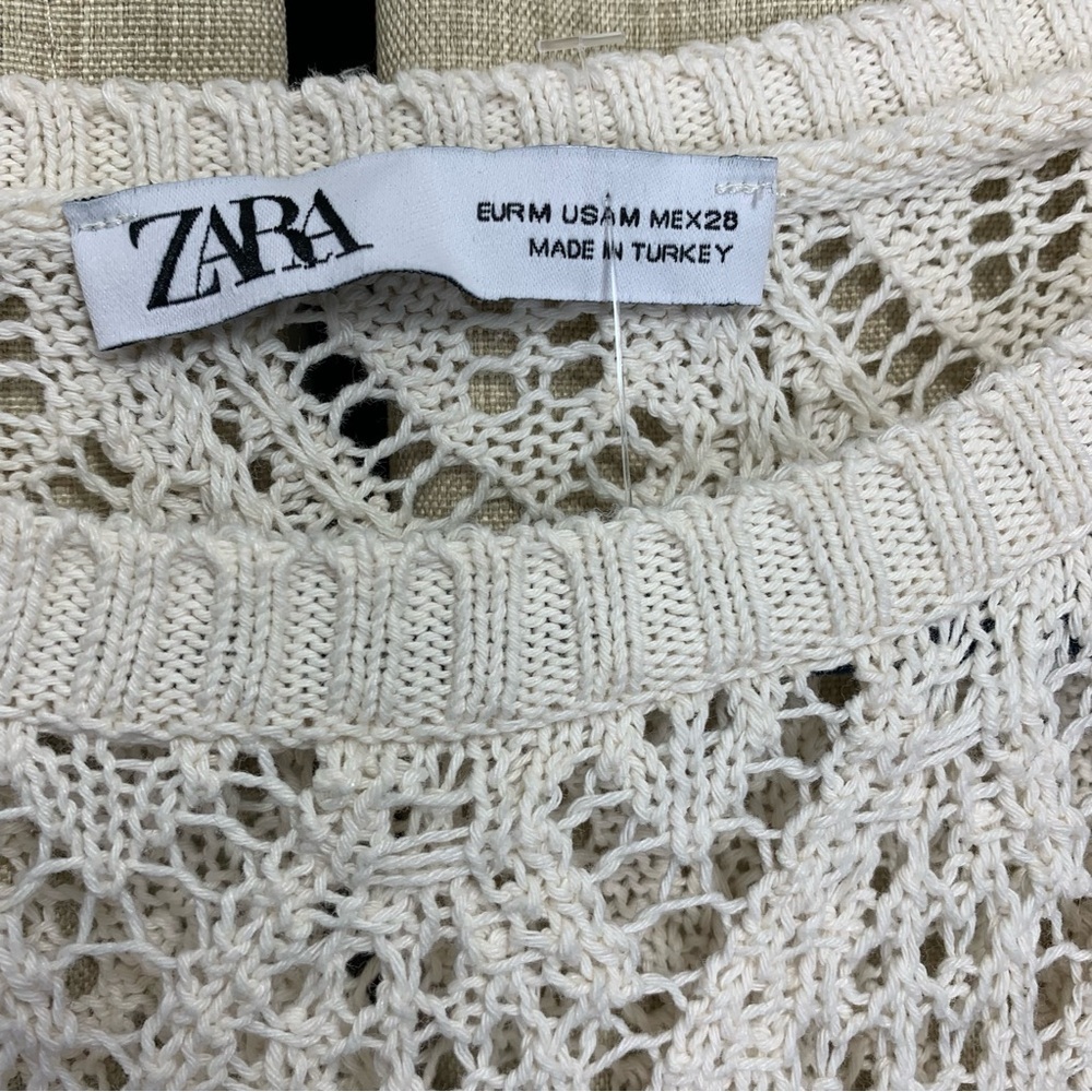 Zara Cream Crochet Knit Maxi Dress Sz M Sleeveless Side Slit Minimalist Coatal - Picture 6 of 14